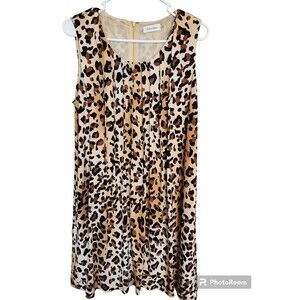 Calvin Klein Size 12 Cheetah Print Pleated Lined Dress Flowy Pockets